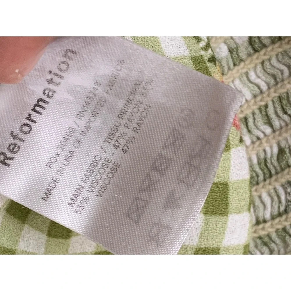 Reformation Green Gingham Floral Smocked Puff Sleeve Top Size 6 Sweetheart Neck